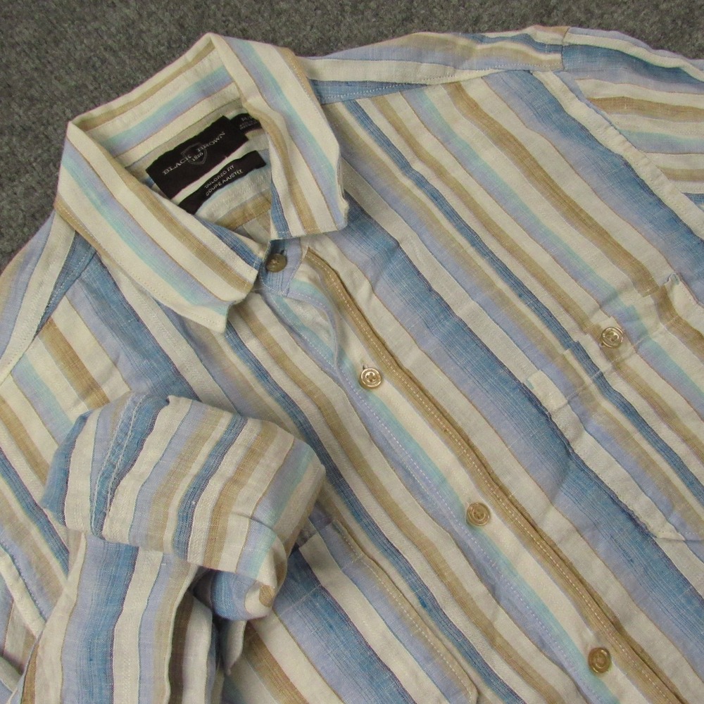 Black Brown 1826 Shirt Men Medium Linen Tailored Fit Roll Tab‎ Sleeves Striped